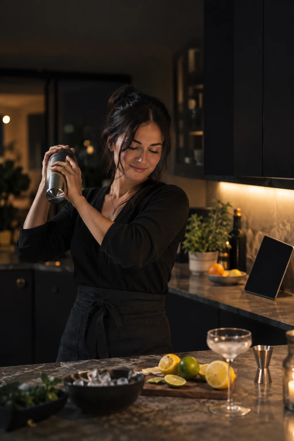 A woman shaking a cocktail shaker with both hands in a kitchen at night, a tablet propped against the wall