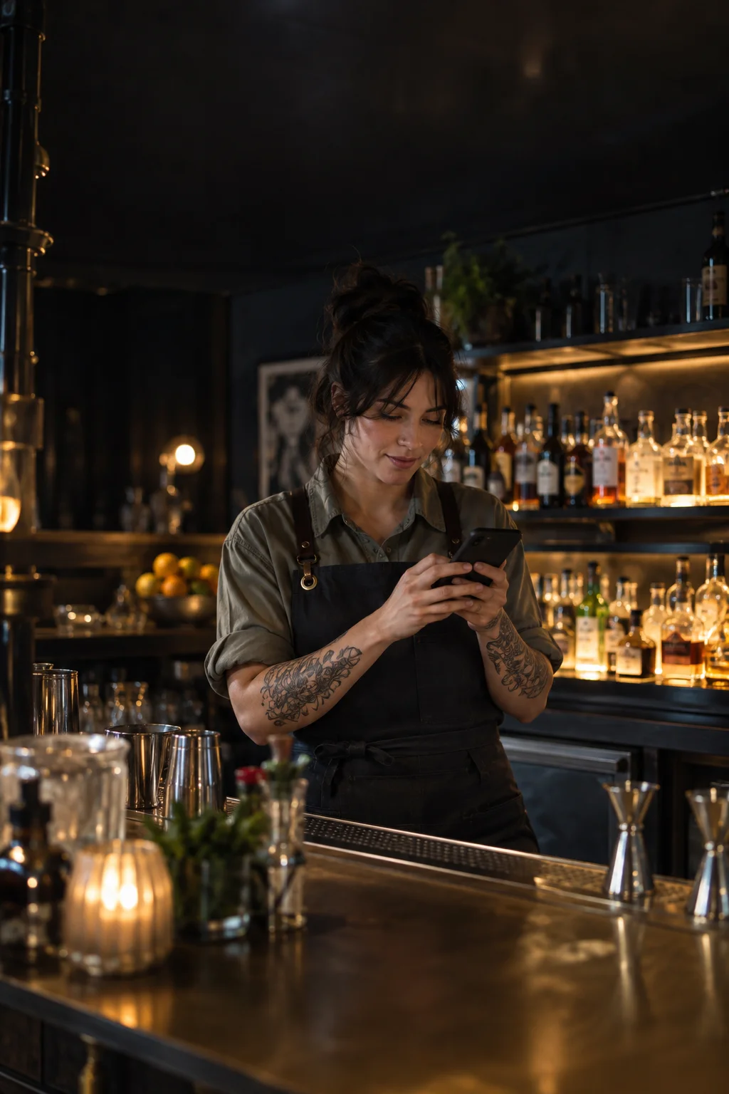 A bartender checking a lesson on her phone behind a brass and dark wood bar before opening