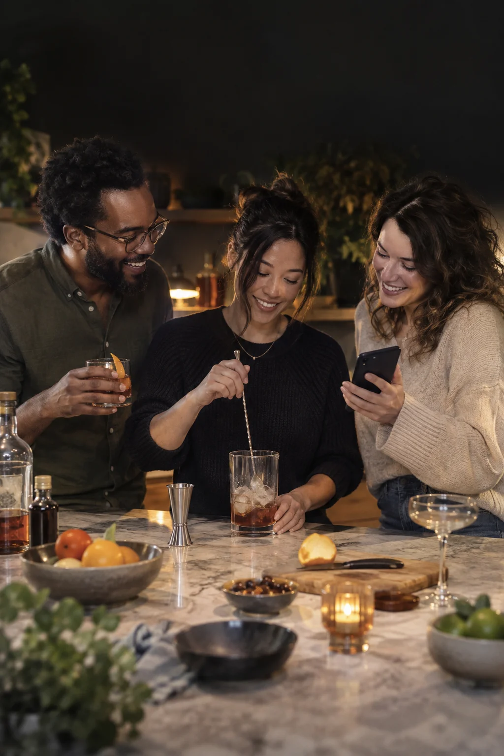 Three friends around a kitchen island making drinks together, one following a recipe on a phone