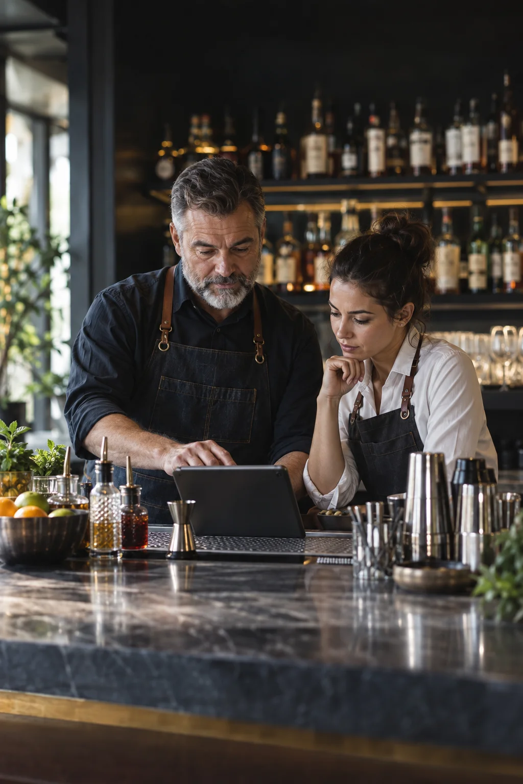 An experienced bartender coaching a trainee at a hotel bar, both looking at a tablet on the bar top